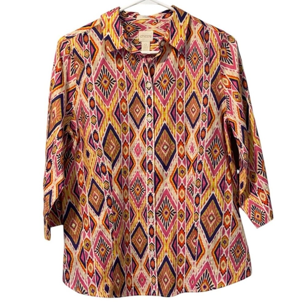 Chicos Womens Size 0 Linen No Iron Button Up Shirt 3/4 Sleeve Aztec Colorful